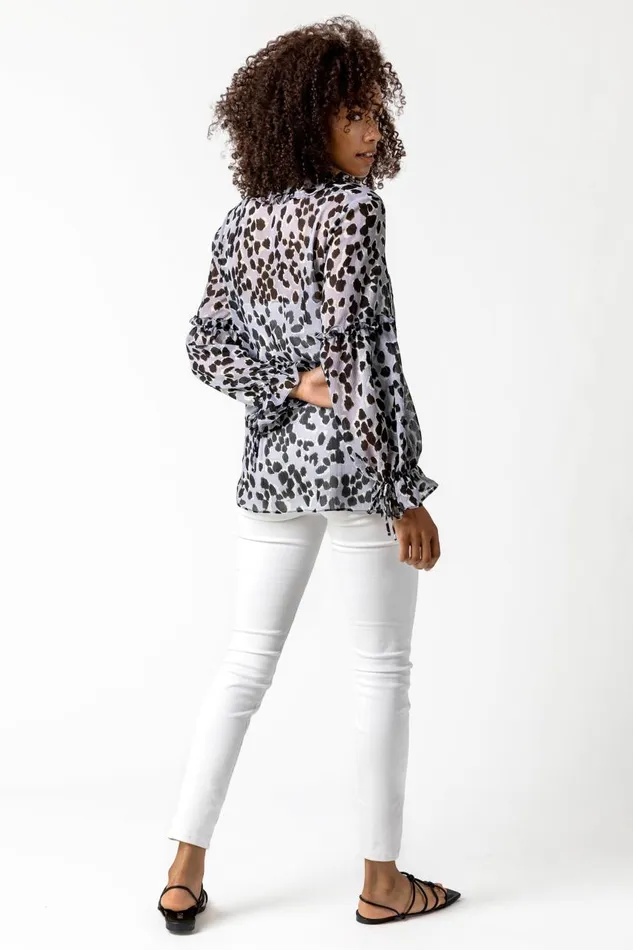 Women Silver Animal Print Tie Neck Blouse Roman Tops