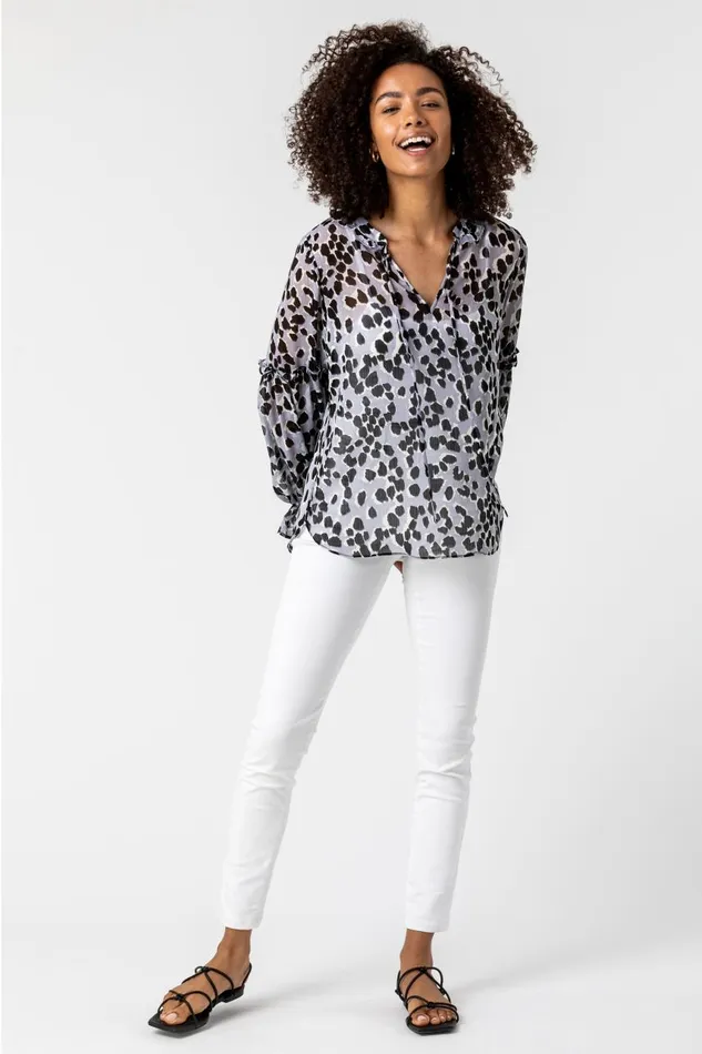 Women Silver Animal Print Tie Neck Blouse Roman Tops