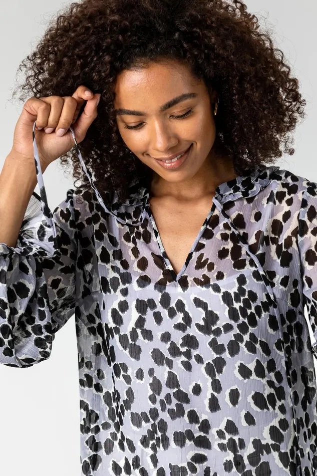 Women Silver Animal Print Tie Neck Blouse Roman Tops