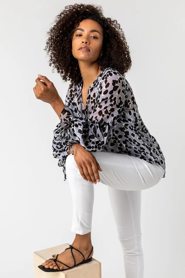 Women Silver Animal Print Tie Neck Blouse Roman Tops