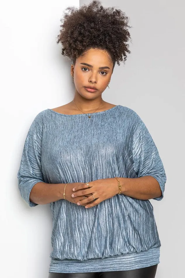 Women Silver Curve Shimmer Pleated Blouson Top Roman Tops