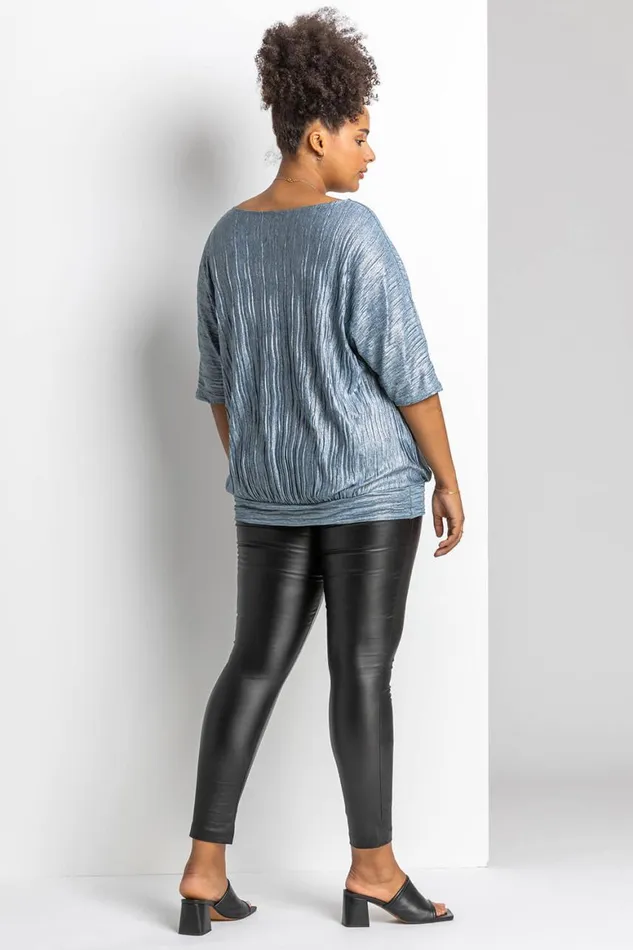 Women Silver Curve Shimmer Pleated Blouson Top Roman Tops