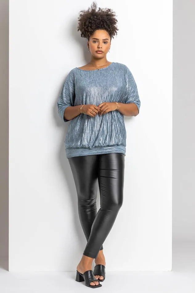 Women Silver Curve Shimmer Pleated Blouson Top Roman Tops