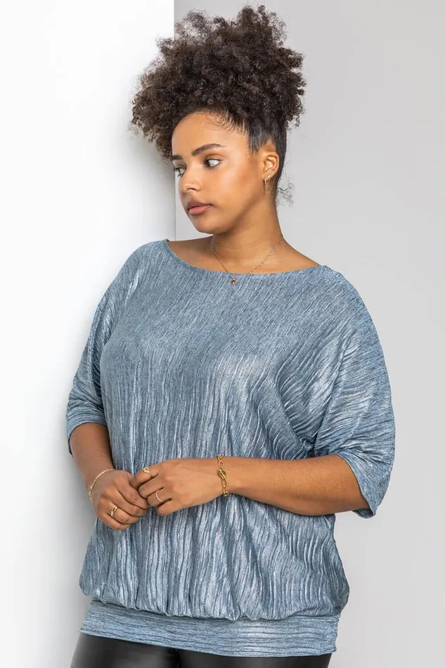 Women Silver Curve Shimmer Pleated Blouson Top Roman Tops