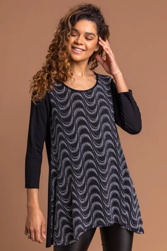 Women Silver Glitter Print Hanky Hem Tunic Top Roman Tops