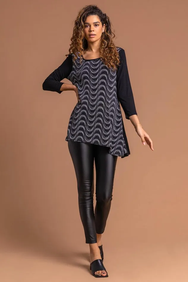 Women Silver Glitter Print Hanky Hem Tunic Top Roman Tops