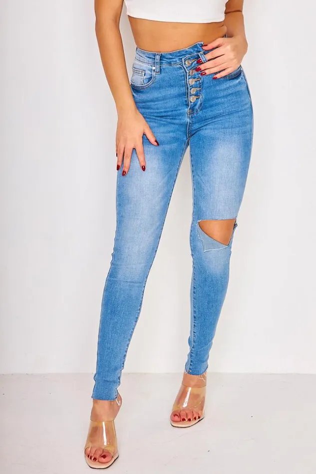 Women Skinny RawHem Cutted And Buttoned Blue Jeans Blue Brentiny Paris Jeans