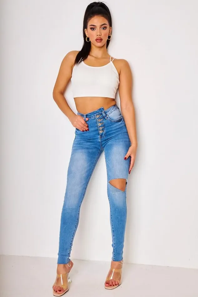 Women Skinny RawHem Cutted And Buttoned Blue Jeans Blue Brentiny Paris Jeans