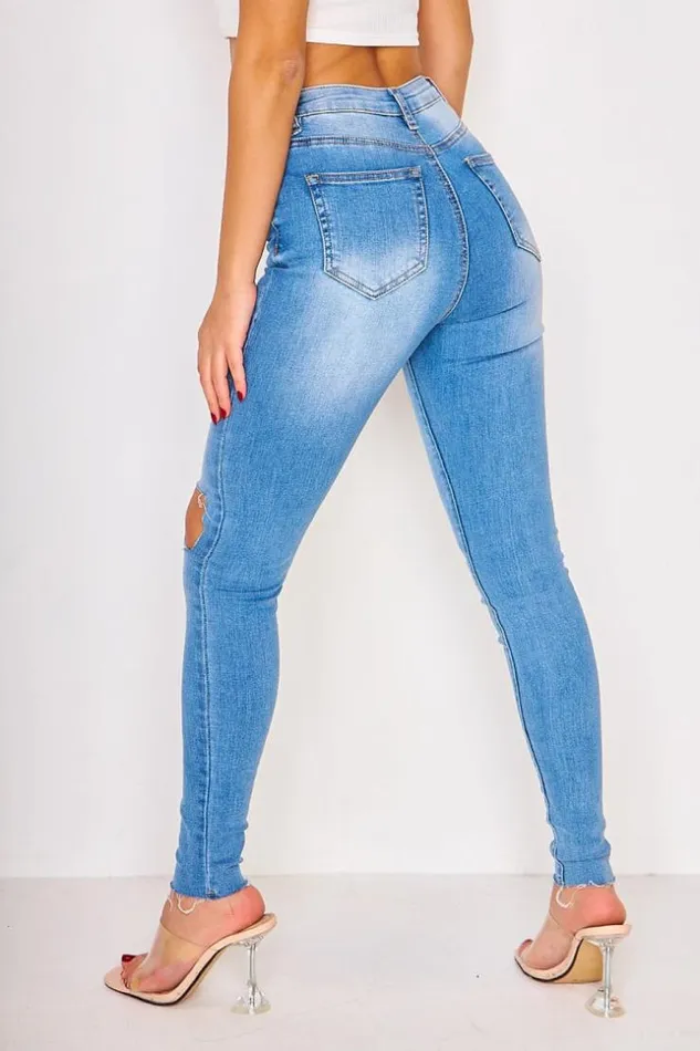 Women Skinny RawHem Cutted And Buttoned Blue Jeans Blue Brentiny Paris Jeans