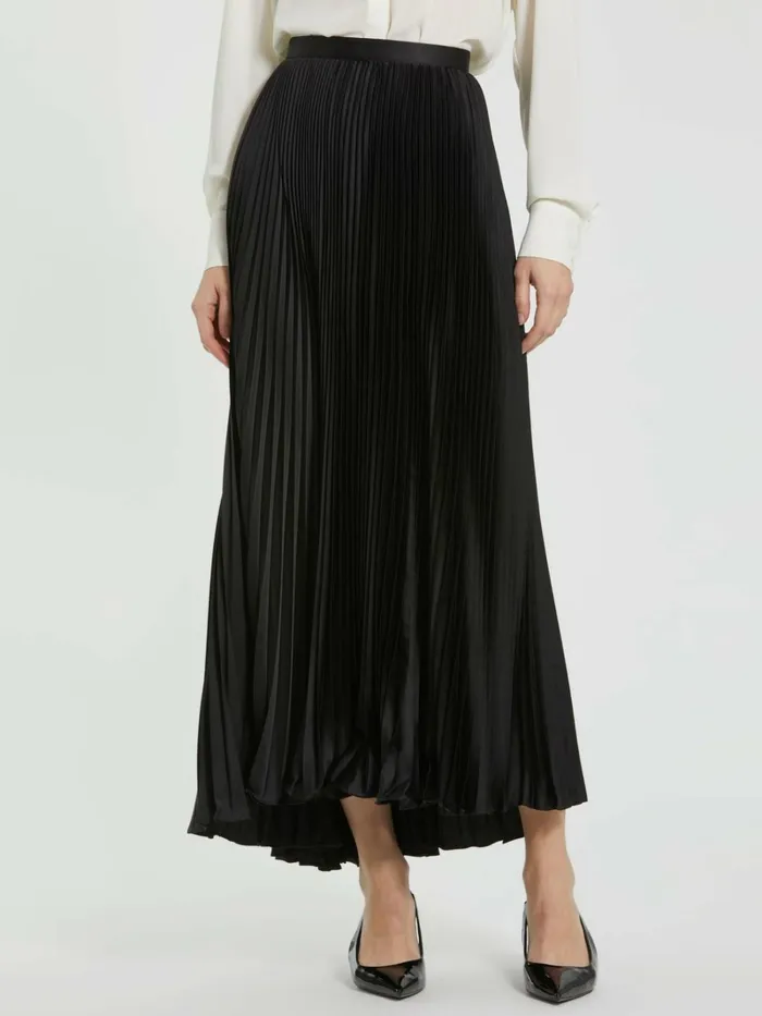 Women Skirts Mac Duggal Black Ankle Length Satin Pleated Skirt Black