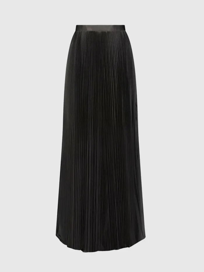Women Skirts Mac Duggal Black Ankle Length Satin Pleated Skirt Black