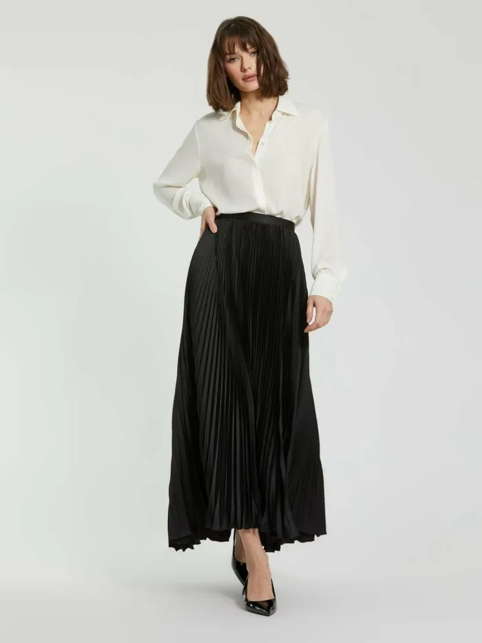 Women Skirts Mac Duggal Black Ankle Length Satin Pleated Skirt Black