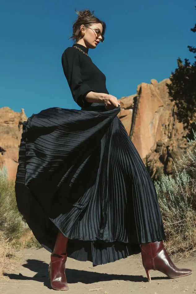 Women Skirts Mac Duggal Black Ankle Length Satin Pleated Skirt Black