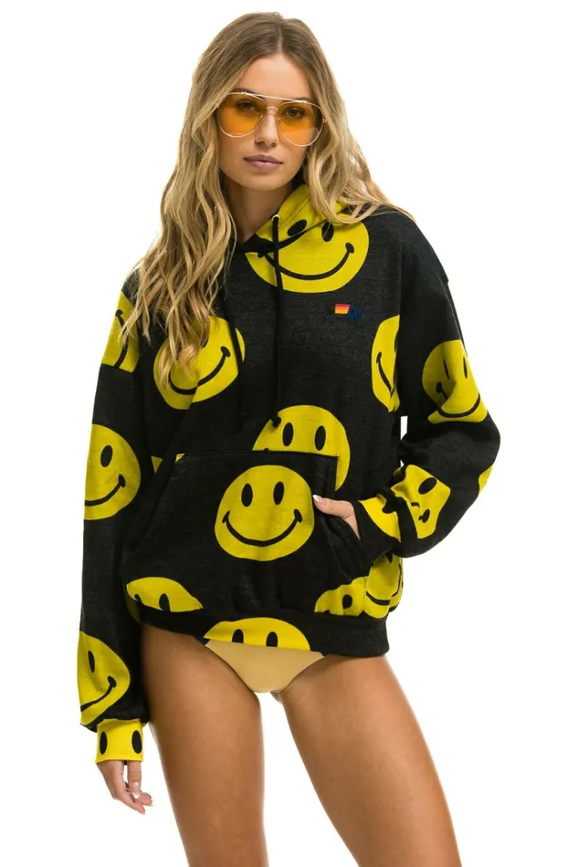 Women SMILEY REPEAT RELAXED PULLOVER HOODIE 8211 BLACK Aviator Nation Hoodies