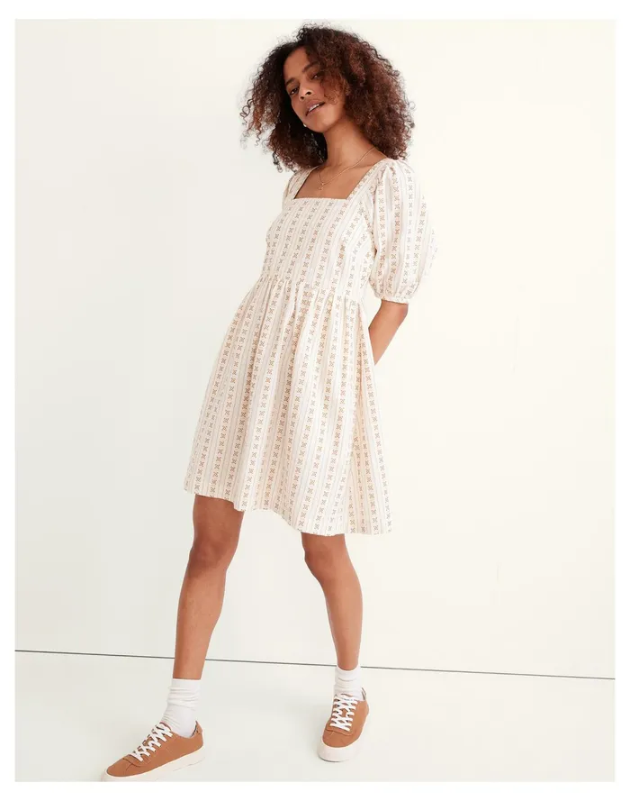 Women Square Neck Puff Sleeve Dress In Jacquard Stripe Antique Gold Madewell Dresses