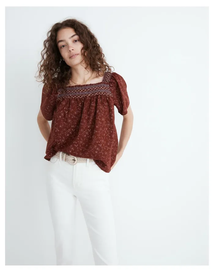 Women Square Neck Smocked Top In Dotted Vines Rusted Burgundy Madewell Tops and Shirts