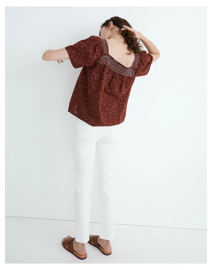 Women Square Neck Smocked Top In Dotted Vines Rusted Burgundy Madewell Tops and Shirts Women Square Neck Smocked Top In Dotted Vines Rusted Burgundy Madewell Tops and Shirts
