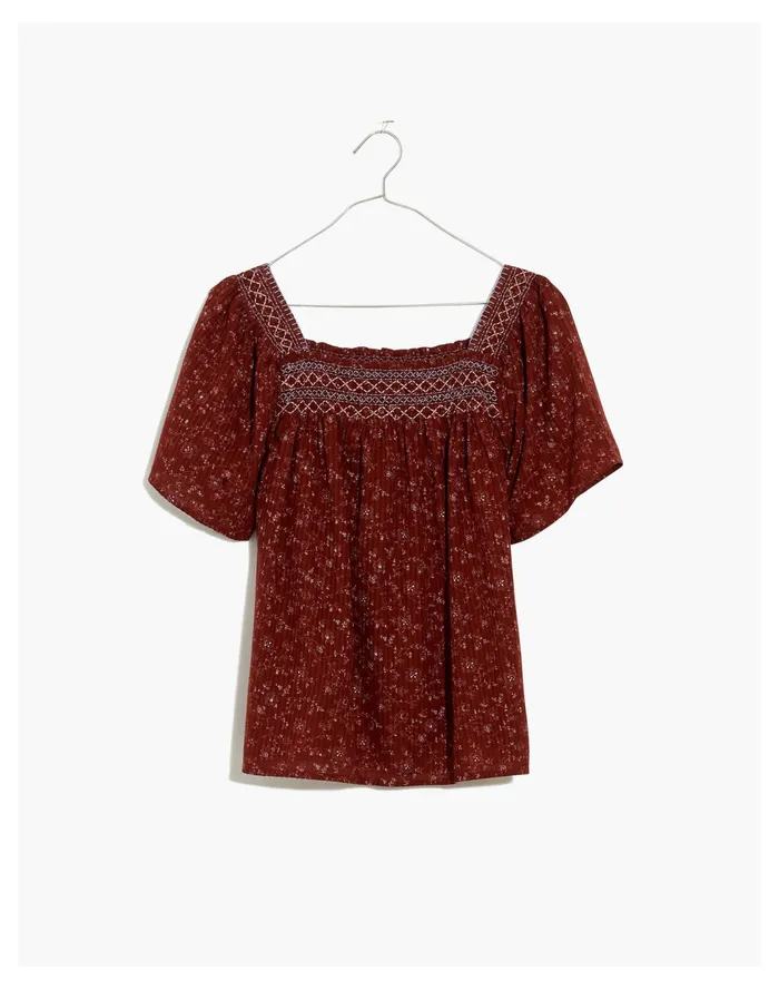 Women Square Neck Smocked Top In Dotted Vines Rusted Burgundy Madewell Tops and Shirts Women Square Neck Smocked Top In Dotted Vines Rusted Burgundy Madewell Tops and Shirts