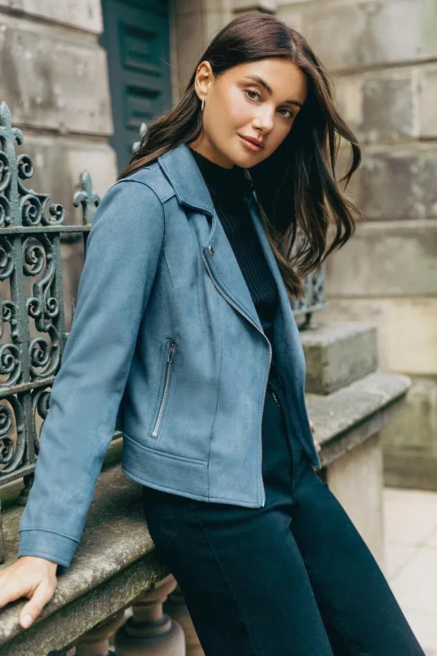 Women Steel Blue Faux Suede Biker Jacket Roman Jackets