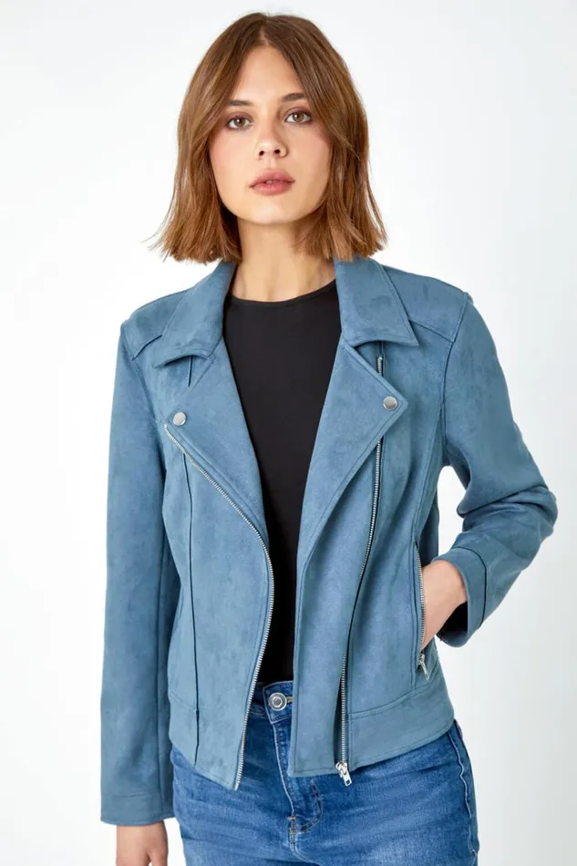 Women Steel Blue Faux Suede Biker Jacket Roman Jackets