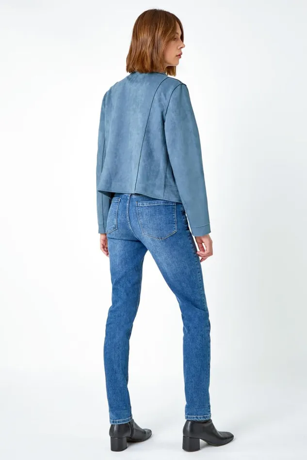 Women Steel Blue Faux Suede Biker Jacket Roman Jackets