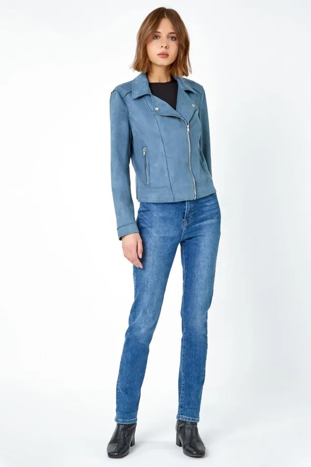 Women Steel Blue Faux Suede Biker Jacket Roman Jackets