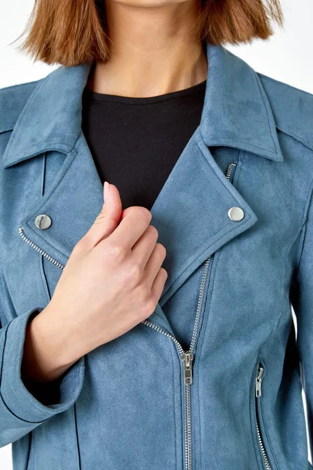 Women Steel Blue Faux Suede Biker Jacket Roman Jackets