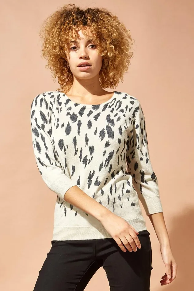Women Stone Animal Print Metallic Shimmer Jumper Roman Knitwear