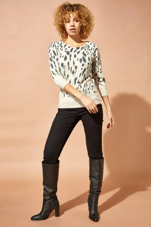 Women Stone Animal Print Metallic Shimmer Jumper Roman Knitwear