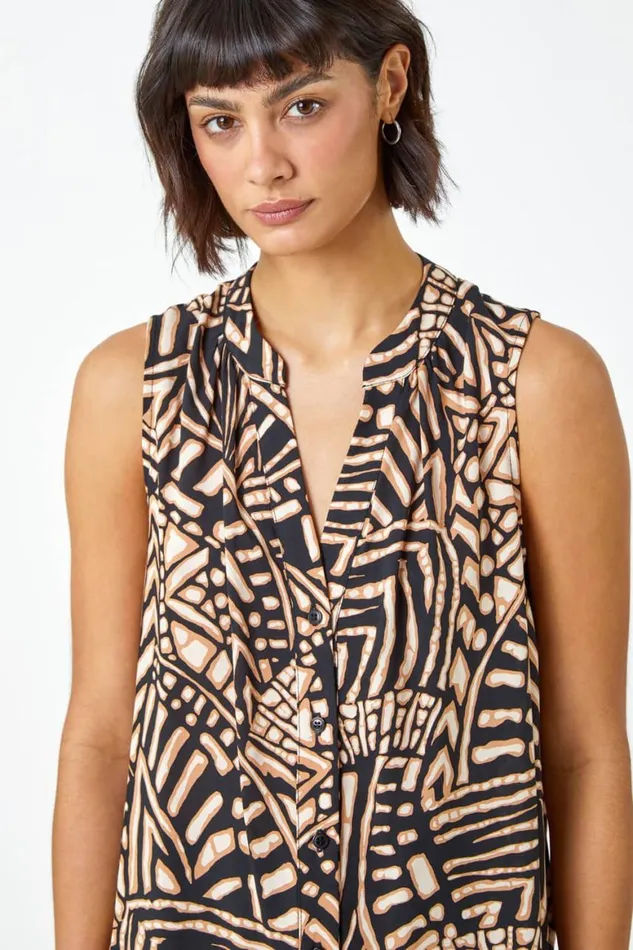 Women Stone Sleeveless Tile Print Vest Top Roman Tops