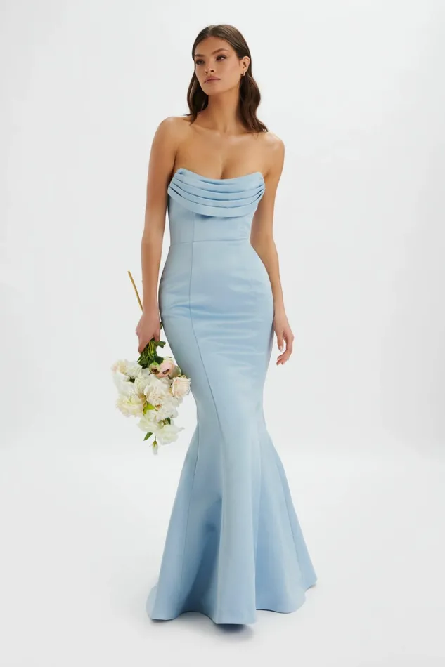 Women Strapless and Bandeau Dresses Lavish Alice FREYA Bonded Satin Cowl Neck Maxi Dress In Dusty Blue Dusty Blue