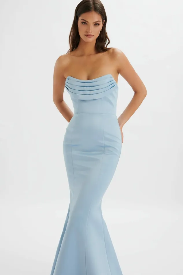Women Strapless and Bandeau Dresses Lavish Alice FREYA Bonded Satin Cowl Neck Maxi Dress In Dusty Blue Dusty Blue