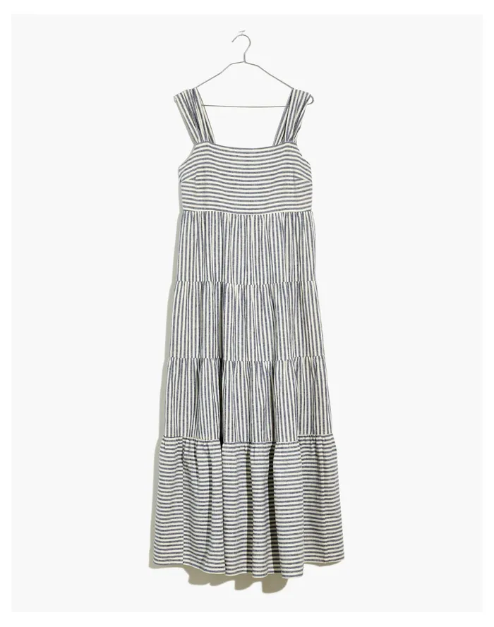 Women Striped Tiered Maxi Dress Hemp Vertical Stripe Plain Madewell Dresses