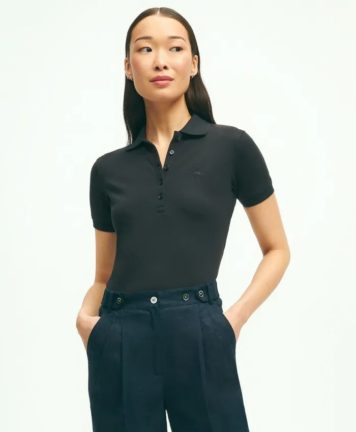 Women Supima Cotton Stretch Pique Polo Shirt Black Brooks Brothers Blouses and Shirts