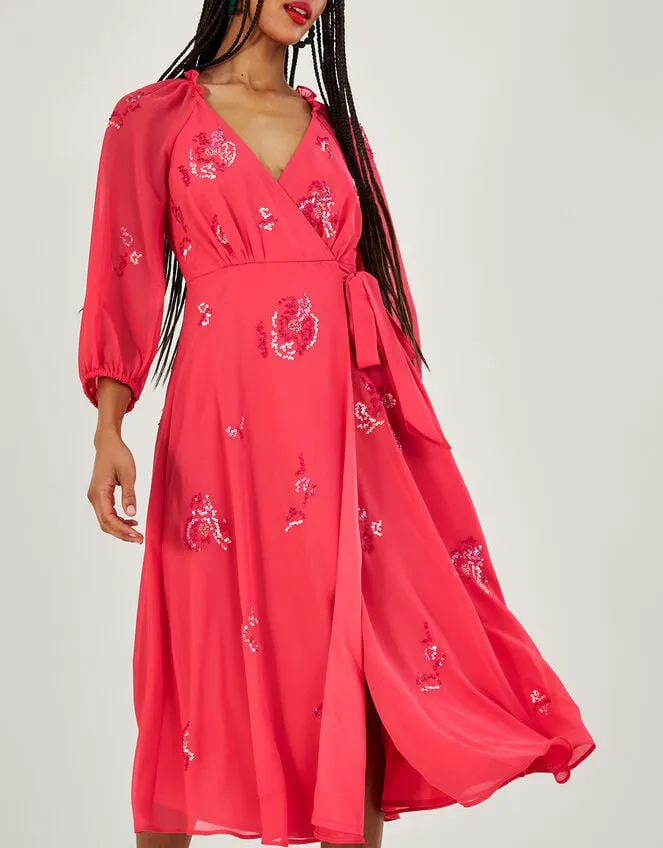 Women Tammy Embellished Wrap Midi Dress In Recycled Polyester Orange Monsoon Occasionwear