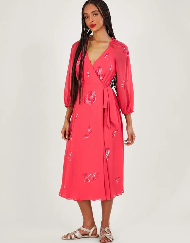 Women Tammy Embellished Wrap Midi Dress In Recycled Polyester Orange Monsoon Occasionwear