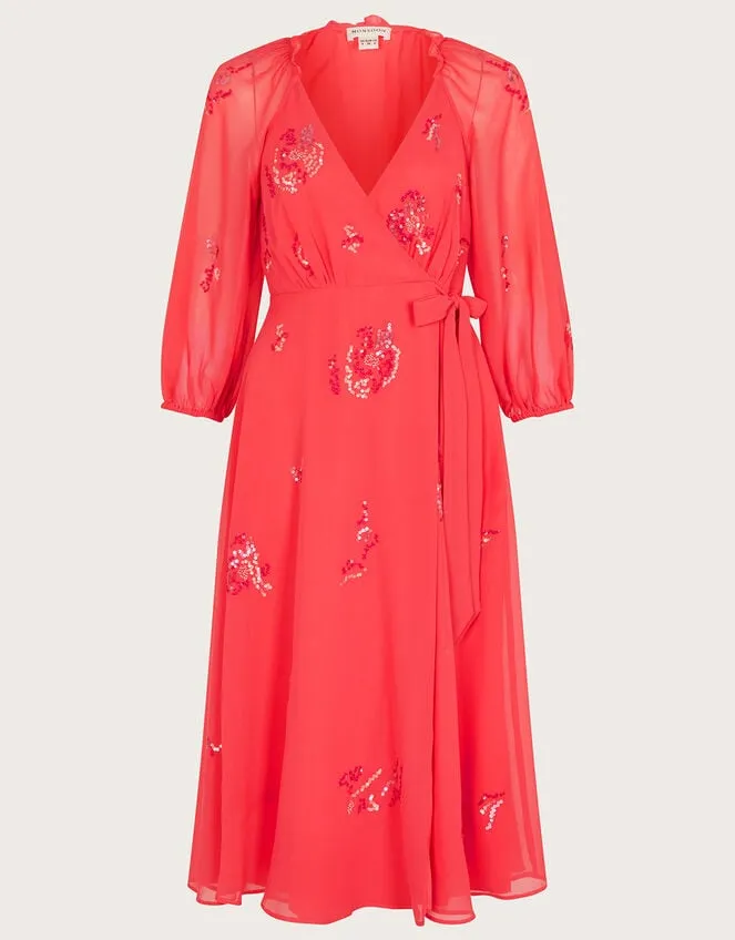 Women Tammy Embellished Wrap Midi Dress In Recycled Polyester Orange Monsoon Occasionwear