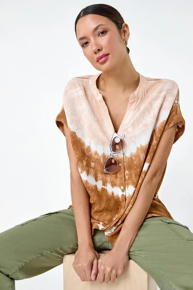 Women Tan Tie Dye Print Relaxed VNeck Shirt Roman Tops