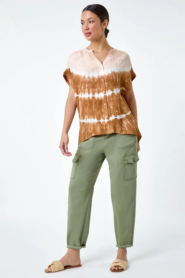 Women Tan Tie Dye Print Relaxed VNeck Shirt Roman Tops