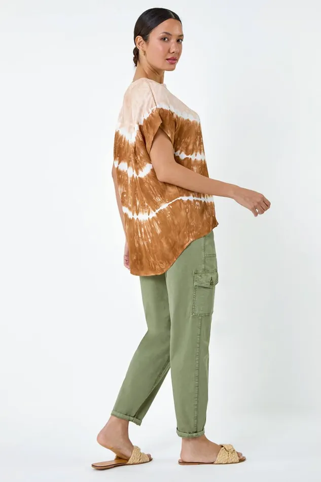 Women Tan Tie Dye Print Relaxed VNeck Shirt Roman Tops
