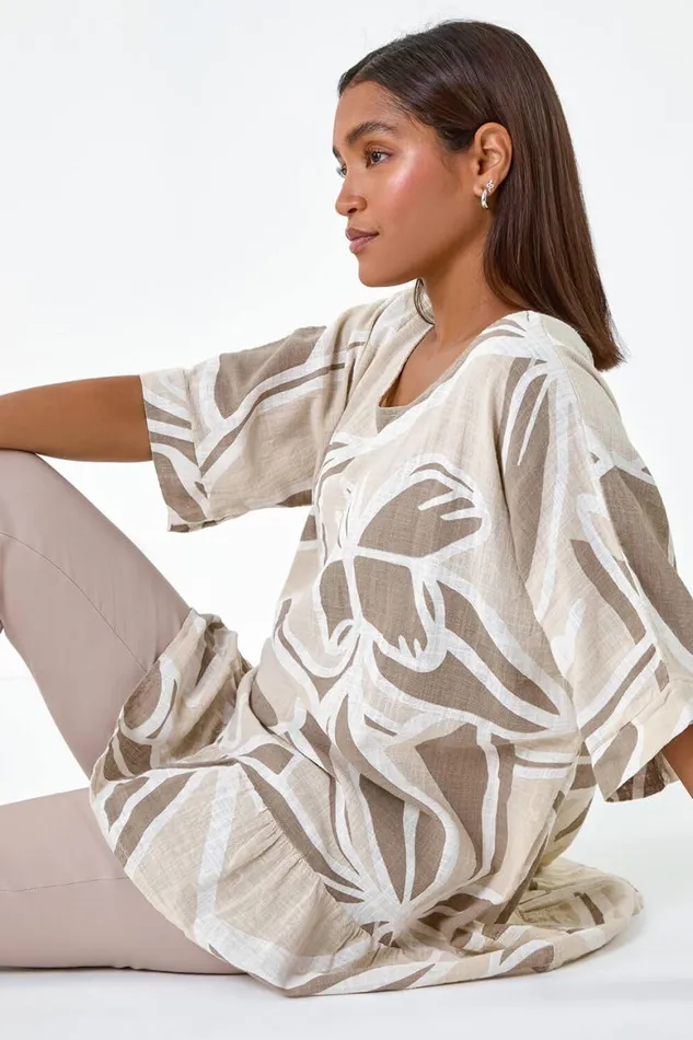 Women Taupe Cotton Oversized Leaf Tunic Top Roman Tops