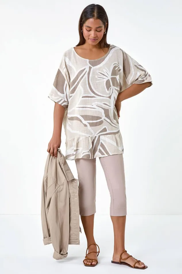 Women Taupe Cotton Oversized Leaf Tunic Top Roman Tops