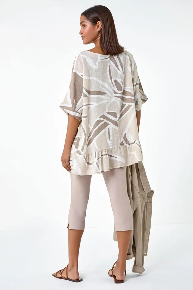 Women Taupe Cotton Oversized Leaf Tunic Top Roman Tops