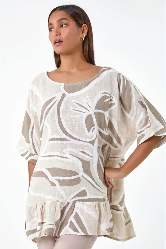 Women Taupe Cotton Oversized Leaf Tunic Top Roman Tops