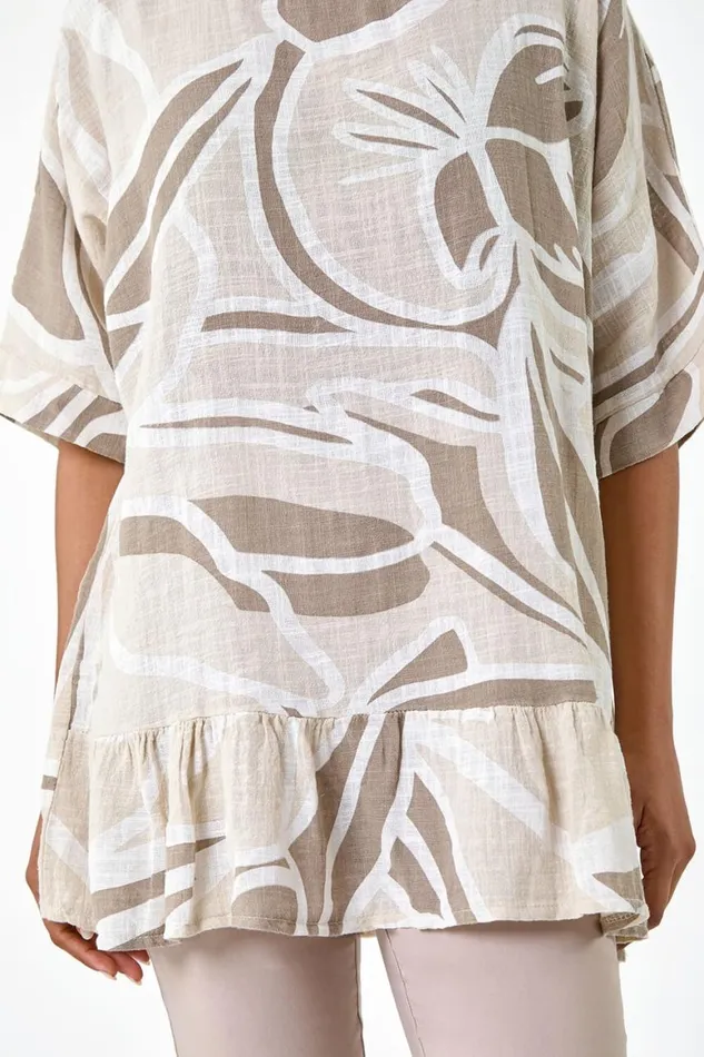 Women Taupe Cotton Oversized Leaf Tunic Top Roman Tops