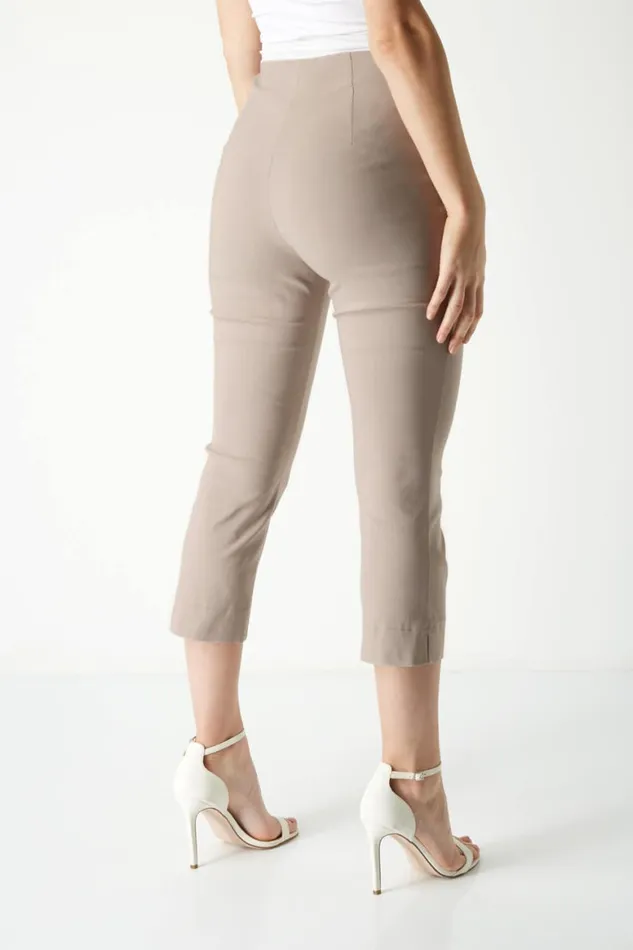 Women Taupe Elastic Waist Stretch Cropped Trousers Roman Coords