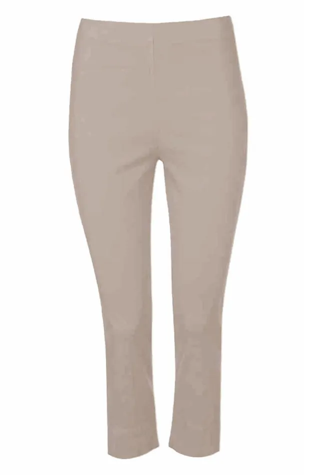 Women Taupe Elastic Waist Stretch Cropped Trousers Roman Coords