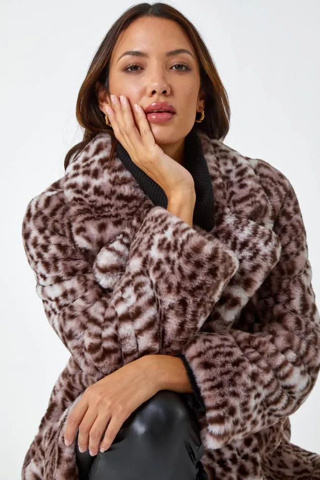 Women Taupe Premium Animal Print Faux Fur Coat Roman Coats