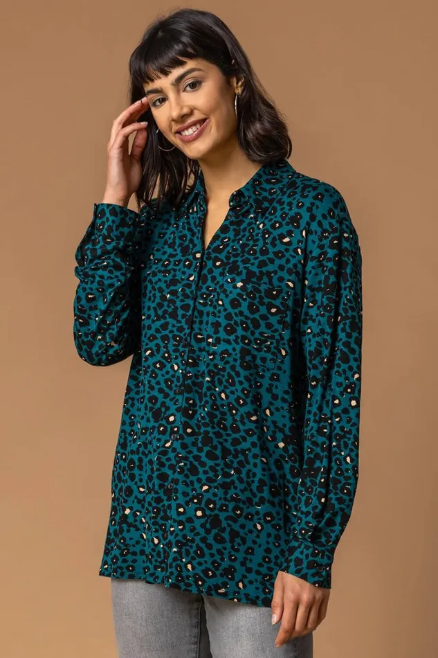 Women Teal Animal Print Jersey Buttoned Shirt Roman Tops