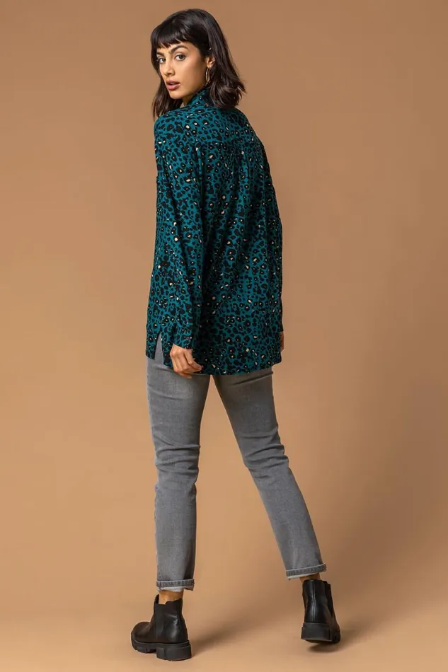 Women Teal Animal Print Jersey Buttoned Shirt Roman Tops
